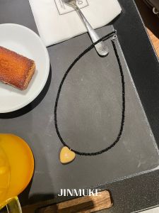 Yellow Heart Beads Necklace JINMUKE Fashion Jewelry Lockbone Chain Korean Style Womens Accessory Pearlescent Charm Pendant