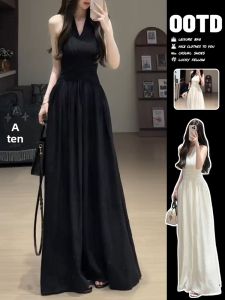 SUSIEYUAN | White Hanging Strap Dress Womens Fashion Summer New Arrival Beautiful Long Dress Sweet Style High Waist A-Line Skirt V-Neck