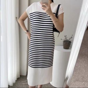 D8278 RIECA STRIPED KNIT MIDI DRESS SALUR IMPORT KOREAN STYLE SIMPLE LOOSE DRESS RAJUT