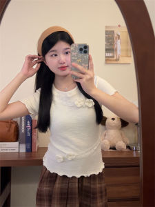 Summer Short Sleeve T-Shirt Womens Lace Splicing Slim Fit Top Creative Floral 3D Design Sense Commute Style Cotton Blend