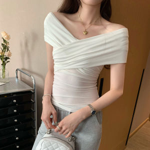 Summer Slim Fit Short Sleeve T-Shirt Womens Hot Girl Cross V-neck One-shoulder Top Korean Style Business Casual Pure Color