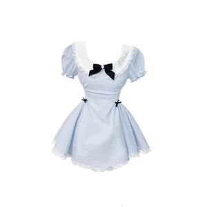 plus Size Doll Collar Short Sleeve Womens Dress Summer Waist Cinched Butterfly Knot Fluffy Princess Short Skirt Korean Style A-Line Dress