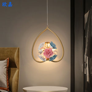 European Style Luxury Dining Restaurant Bar Counter Ceramic Colorful Flower Pendant Light Iron Body LED Irradiated Area 10-15m2
