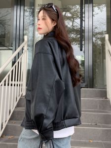 Womens Brown Fleece Lined Loose Thickened Leather Jacket Autumn Winter Vintage Style Commute Fashion Short Coat