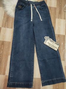 Quần dài ống xuông lưng thun thêu chữ chất jean co giãn