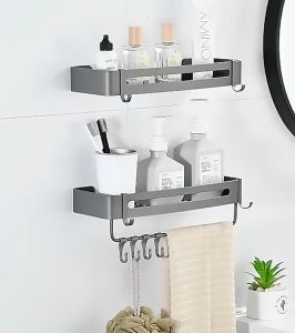 ชั้นห้องอาบน้ำติดมุมชั้นผนังห้องน้ำจัดชั้นวางอุปกรณ์อาบน้ำพื้นที่หนากรอบโลหะอลูมิเนียมโดยไม่ต้องเจาะแขวน