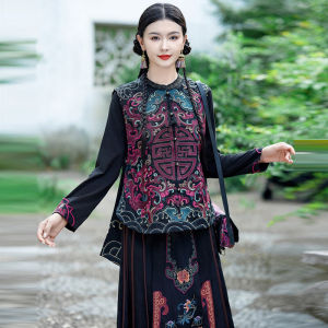 ใหม่ ชนเผ่า สไตล์ปักเฮฟวี่เวท สไตล์จีนใหม่ เสื้อกั๊ก แผ่นรองไหล่ หลวม แจ๊กเก็ตสไตล์แห่งชาติ ผู้หญิง เสื้อแจ็คเก็ต