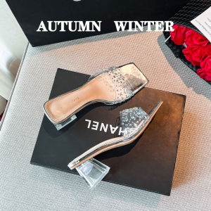 French Transparent Womens Sandals Internet Celebrity with Classy High Heels Thick Heel Crystal Slippers Plus Size Womens Shoes 41-43