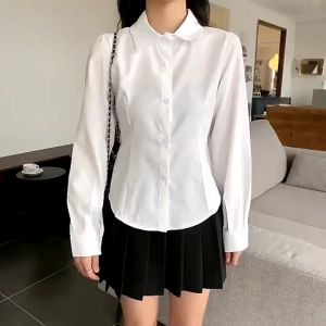 Blouse for Women White Waist-cinching Shirts Slim Long Sleeve Top