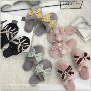 Bows Slippers for Women K-style Fall and Winter Interior Home Fashion Elegant Stuffed Heattech Closed Toe Confinement Cotton Slippers for Women
