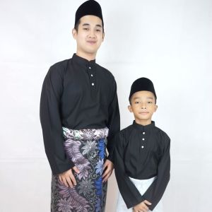 Baju Melayu Dewasa & Budak SEPASANG Slim Fit RAYA Kain Cotton 👉🏻 Warna Putih & Hitam -  C012BM / C007BM / BMC