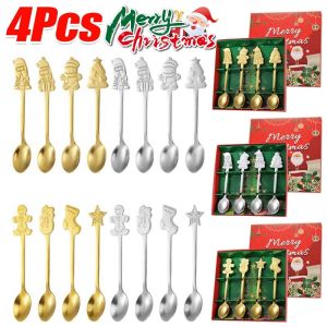 4 cái giáng sinh vui vẻ thép không gỉ vàng bạc thìa cà phê tráng miệng Set Bộ Đồ bàn ăn giáng sinh Hộp quà tặng