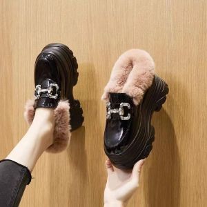 Closed Toe Thick Sole Half Slippers Womens Hidden Heel 10cm Fleece-lined Heel-Free Rhinestone Leather Shoes Platform Shoes Bean Bag Fur Slipper