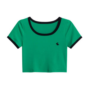 Hello Cannon Original Vintage Contrast Color Short Sleeve T-Shirt for Women Summer New Style Slim Fit Pure Color Round Neck Work Clothing