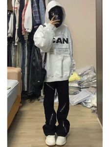 ลมสั่นสะเทือนของยุโรปและอเมริกา ซิป ดีไซน์ สัมผัสฝูงชนขนาดเล็ก กางเกงยีนส์ ผู้หญิง Ins อินเทรนด์ ยี่ห้อ High Street ฮิปฮอป หลวม กางเกงขายาว