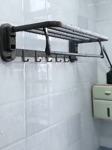 No Drill Foldable Towel Rack – Suction Cup Aluminum Alloy with Shelf for Bathroom Shower & Wall