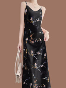 Summer High-End Womens Printed Slimming Off-Shoulder Dress V-Neck Sleeveless Loose Fit Dress Casual Versatile Outerwear