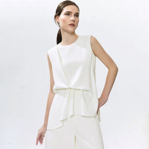 AMII | New Round Neck Sleeveless Asymmetric Pleated Double Crepe Chiffon Blouse