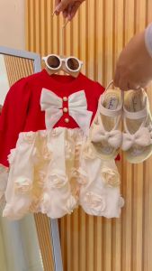 KID FASHION: Dress Gaun Lengan Panjang Anak Perempuan Katun Polos O-Neck Pita Kancing Rok Bunga Long Skirt Elegan Style Usia 1-4 Tahun