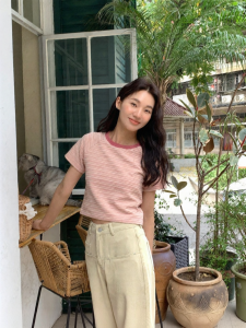 NIHAOKANONG | Áo Thun Ngắn Tay Sọc Ôm Dáng Cho Phụ Nữ