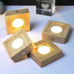 Đèn Gỗ Vuông Đế USB Sạc Đèn Ngủ LED Cho Đá Pha Lê Trang Trí Phòng Ngủ Đầu Giường Trang Trí Phòng Khách Quà Tặng