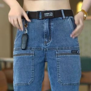 Spring Summer Thin Six Pocket Mens Jeans Elastic Straight Leg Casual Slim Fit Jeans Versatile Multi-Pocket Long Y2K Denim Pants