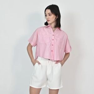 QUEENTIN Kemeja Crop Casual Wanita 0324 Katun Jepang Salur Lengan Pendek