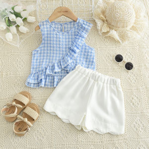 Summer New Girls Daily Casual Clothes Sleeveless O-Neck Plaid Tank Top + Shorts 2 Pcs Set 2-6 Years Kids Fashion Cute Outfits