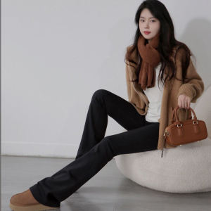 กางเกงขายาวทรงหลวมเอวสูง สีดำ ผ้าฝ้ายผสมกำมะหยี่ กางเกงขายาวทรงขากว้างสำหรับผู้หญิงในฤดูใบไม้ร่วงและฤดูหนาว