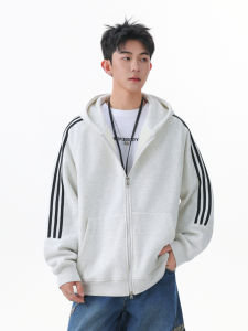 WUKONGYOUHUO | Vintage Three Stripes Hooded Zip-Up Sweatshirt Mens Couples Fall Outerwear