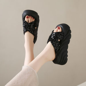 Sequin Slippers for Summer 2024 New Arrival Platform Shoes Thick Bottom Soft Bottom with Skirt Slim Looking Beach Slippers