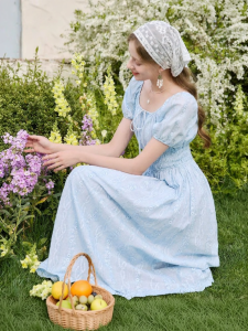 XIANGYING | Embroidered Slimming A-Line Dress with Puff Sleeves and French Style
