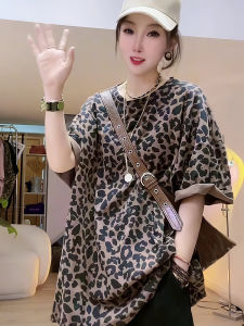 Plus Size Fat mm 150.00kg European Goods Leopard Print Short Sleeve T-Shirt Female Summer Loose Slimming Slim Fit Mid Length Long Length Top T-shirt