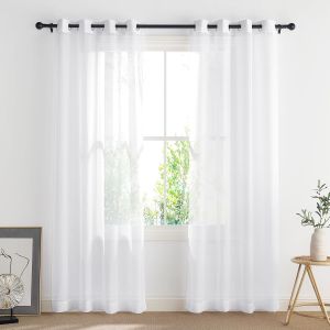 White Eyelet Voile Curtains 132CM Semi Transparent Window Net Curtains for Bedroom/Living Room Airy Lightweight Sheer Panels