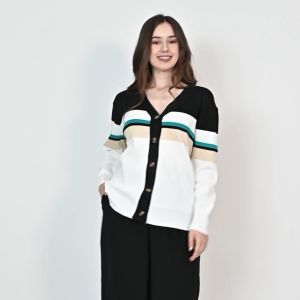 QUEENTIN Cardigan Casual Wanita 212 Rajut Knit Strecth Multi Colour Striped Lengan Panjang