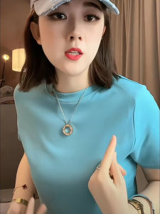 Shoulder-Appropriate Short-Sleeve T-Shirt Womens Fashion Summer New Style Solid Color Lake Blue Simple And Elegant Ladies Top