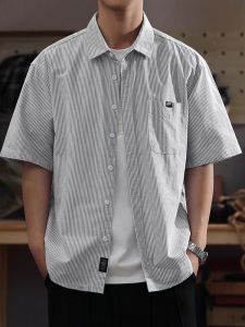 Summer New Slim Fit Teenage Artistic Stripe Short Sleeve Casual Loose Mens Half Sleeve Shirt Wear Resistant Chinese Brand