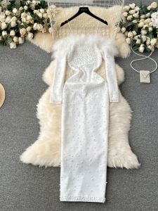 Thanh Lịch Thon Gọn Sequin Lông Một Vai Đầm Nữ Tiệc Sang Trọng Lễ Phục Cao Vòng Eo Dáng Chữ A Midi Đầm Tay Dài Mùa Thu Mùa Đông