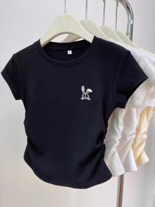 Summer 2025 Womens Slim Fit Cotton T-Shirt Short Sleeve High Waist Pleated Casual Top Fashionable Meat Concealing Shirt