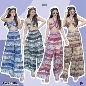 B20580 set 2 ชิ้น เสื้อเกาะอกแต่งผูกโบว์ + กางเกงขายาว ลายช้าง กางเกงช้าง Set of 2 pieces: stratsples