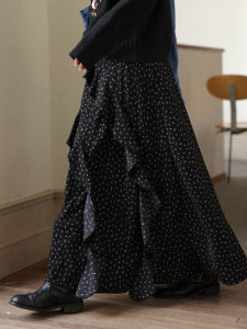 Black Floral A-line Long Skirt High Waist Ruffles