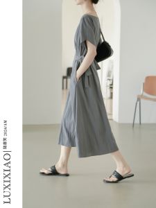 LUXIXIAO Elegant A-Line Long Dress 2025 New Loose Waist-Cinching Belted Design Korean Style Short Sleeve Graceful Dress