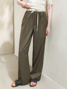 Miccbeirn | 50% Wool Casual Wide Leg Pants High Waist Straight Cut Autumn New Arrival Contrast Color Elastic Waist Simple Commute Trousers