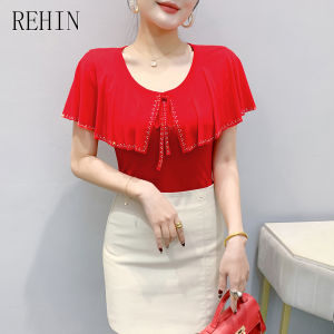 REHIN New Summer Fashion Slim Fit Round Neck Rhinestone Ruffle Sleeve T-Shirt Trendy Womens Top