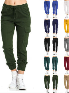 Casual Solid-Colored Cargo Pants Womens Workwear Elastic Waist Rope Side Pocket Long Trousers Straight Leg Fit for Daily Use