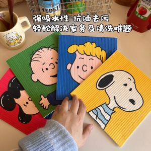 Vải Lau Nhà Bếp Wood Pulp Cotton Snoopy Hoạt Hình Vải Lau Nhà Bếp Chống Dầu Mạnh Mẽ Vải Lau Nhà Bếp Dùng Để Rửa Bát