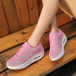 Korean Black Sneakers For Women On Sale Fly Woven Lightweight Jogger Rubber Shoes Thick Bottom Champion Wedge Shoes