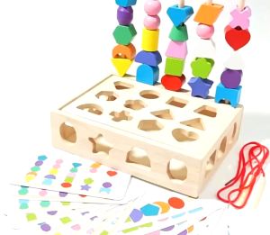 Wooden Colorful String Beads Montessori Toy Stacking and Colour Shape Sorting Blocks Childrens Puzzle Toys 宝宝玩具