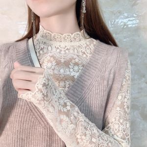 Elegant French Designed Lace and Fleece Half High Neck Underwear Shirt