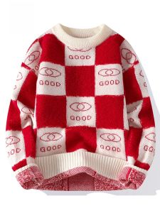 ROMON | เสื้อสเวตเตอร์ถักคอตั้งลำลองสำหรับผู้ชาย ฤดูใบไม้ร่วง/ฤดูหนาว สีแดง ปีใหม่ ปีมังกร เสื้อชั้นในถักแบบลำลอง ผ้าฝ้ายผสม